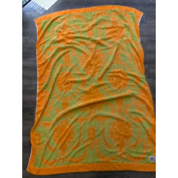 Vtg 70s Mitsukoshi Neon Orange Green Damask Terrycloth Beach Towel Blanket 52x66 - Picture 5 of 8